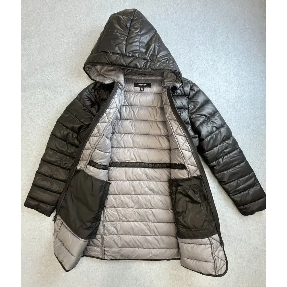 Kenneth Cole New York Hooded Full Zip Mid-Length Puffer Jacket Black M